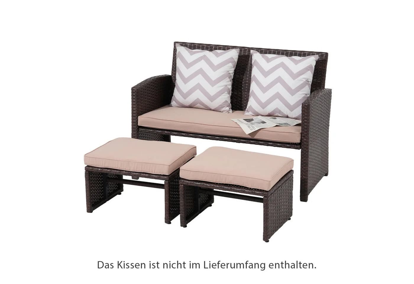 JOIVI Gartenbank Outdoor Loveseat 3-tlg. Braun Rattan Beige Kissen - Bild 5