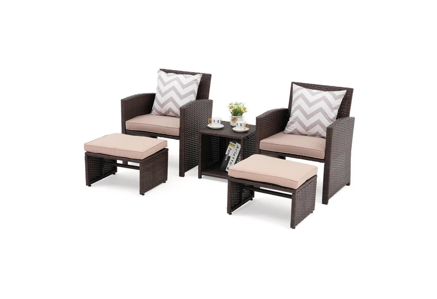 JOIVI Balkonset 5-tlg Garten Unterhaltung Set Beige Rattan