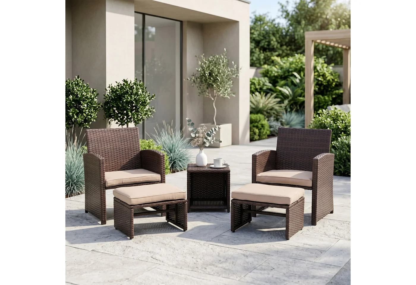 JOIVI Balkonset 5-tlg Garten Unterhaltung Set Beige Rattan - Bild 2