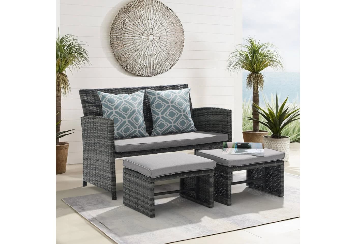 JOIVI Gartenbank Outdoor Loveseat 3-tlg. Grau Rattan - Bild 2