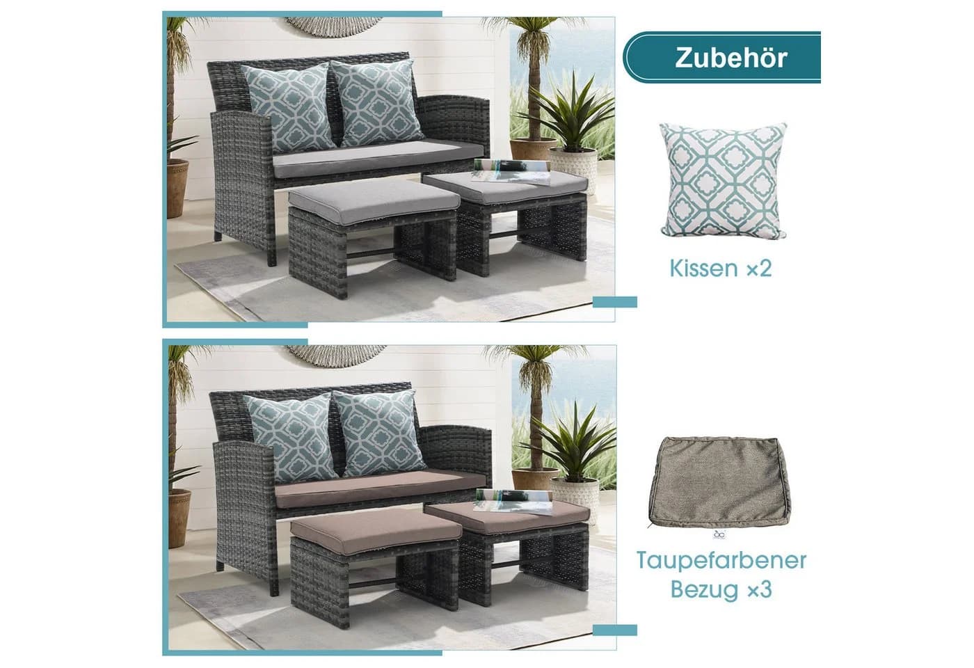 JOIVI Gartenbank Outdoor Loveseat 3-tlg. Grau Rattan - Bild 3