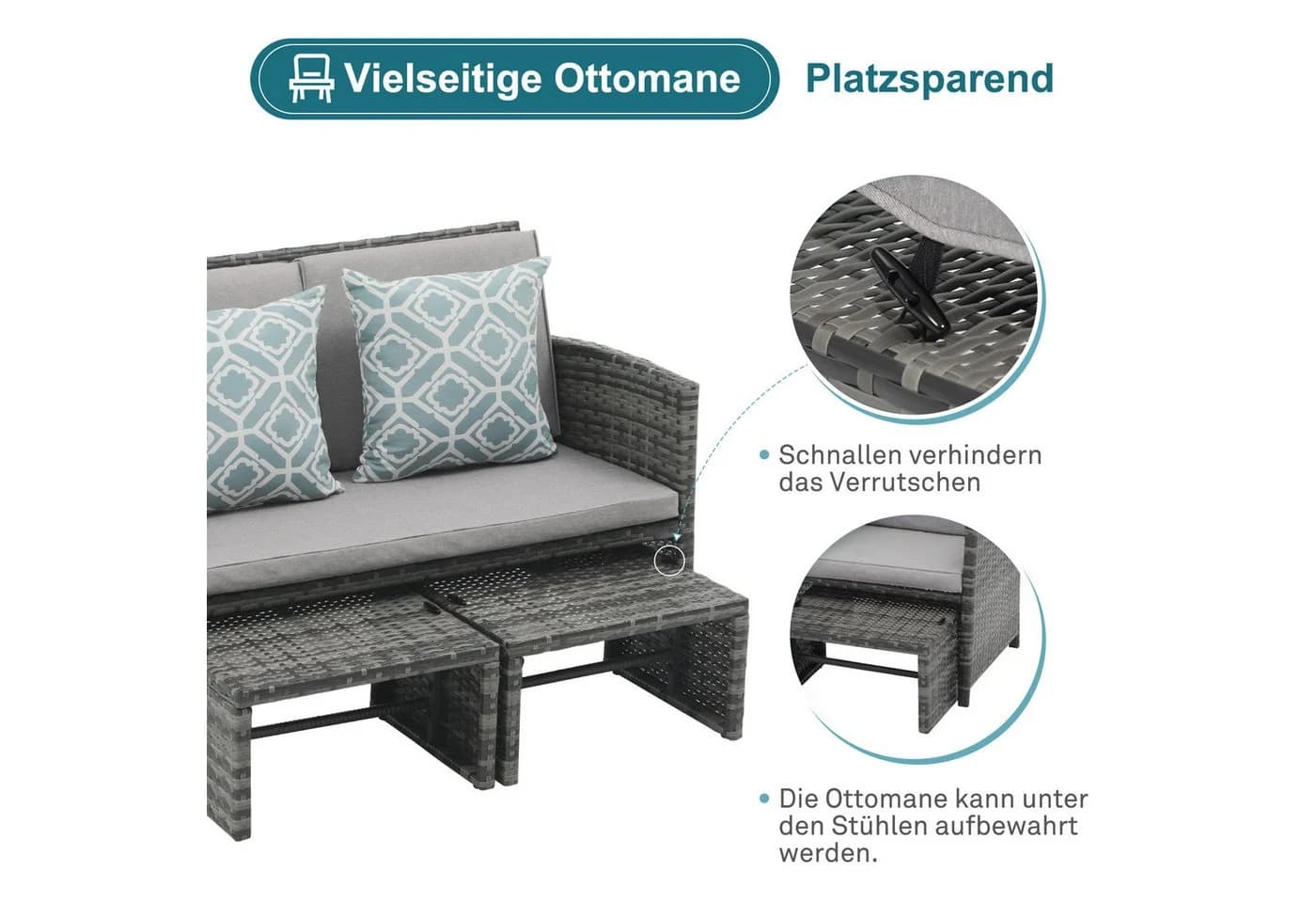 JOIVI Gartenbank Outdoor Loveseat 3-tlg. Grau Rattan - Bild 4