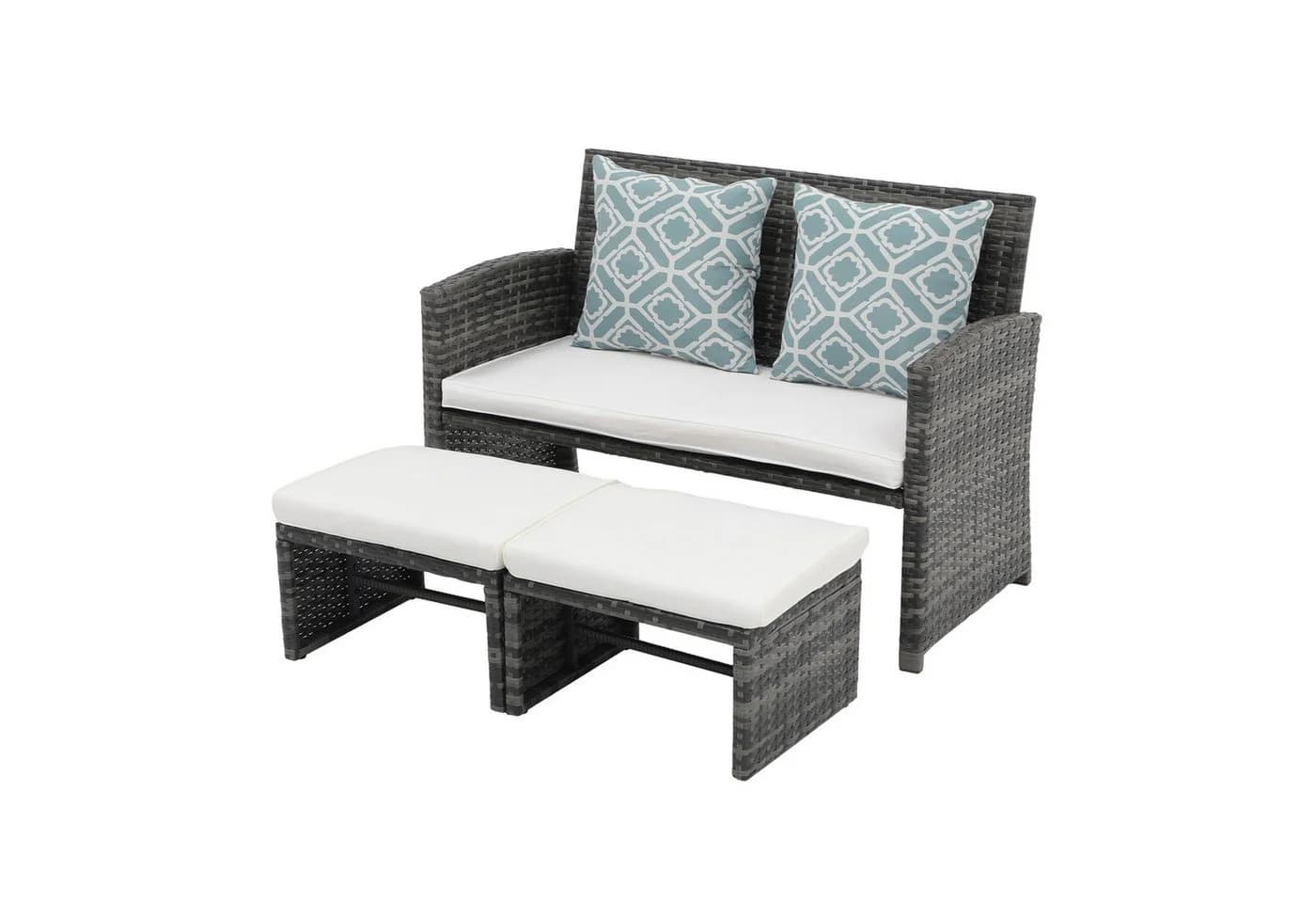JOIVI Gartenbank Outdoor Loveseat Grau Rattan 3-tlg Set mit 2 Hockern