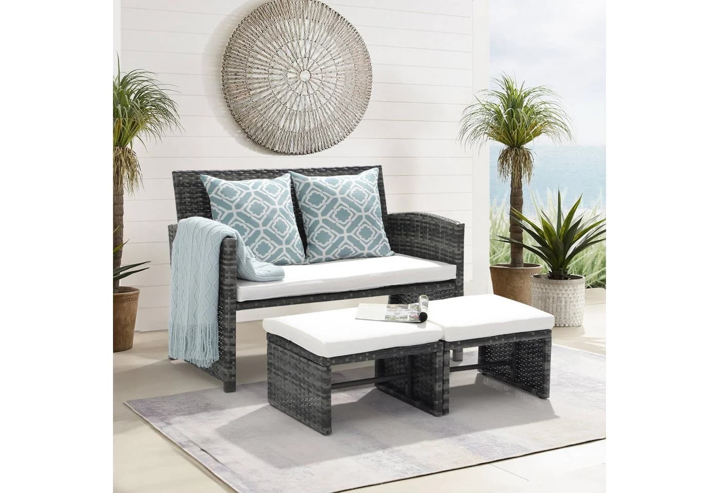 JOIVI Gartenbank Outdoor Loveseat Grau Rattan 3-tlg Set mit 2 Hockern - Bild 2