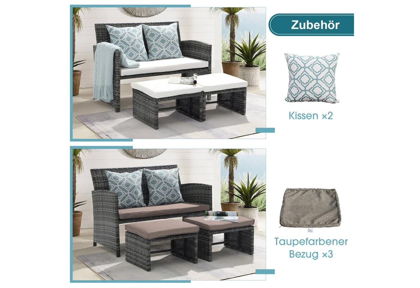 JOIVI Gartenbank Outdoor Loveseat Grau Rattan 3-tlg Set mit 2 Hockern - Bild 3