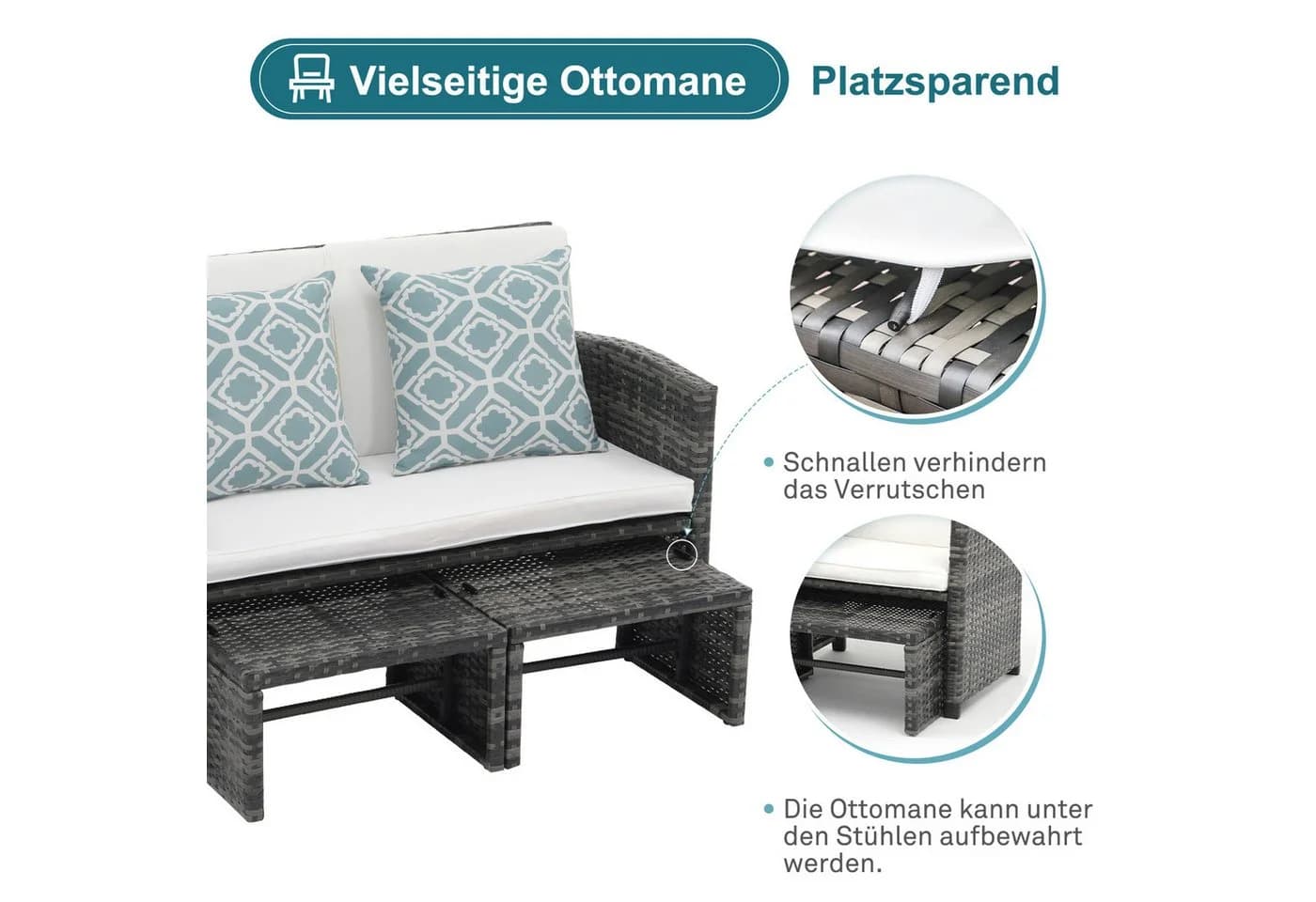 JOIVI Gartenbank Outdoor Loveseat Grau Rattan 3-tlg Set mit 2 Hockern - Bild 5