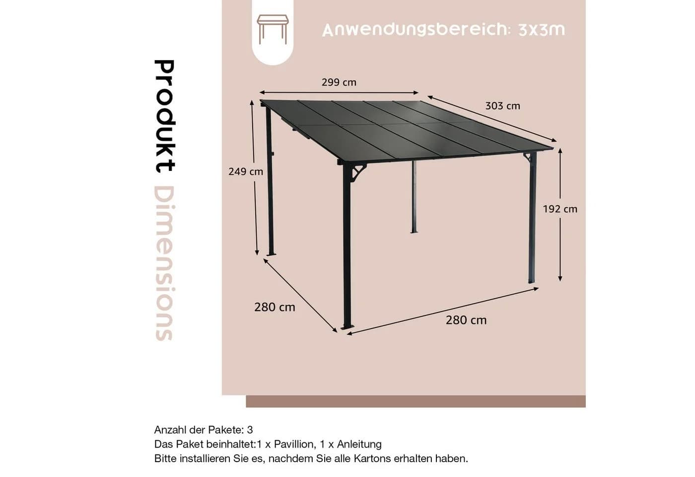 JOIVI Pergola 3x3m Terrassenüberdachung Schwarz/Braun PE-Platte Stahlrahmen