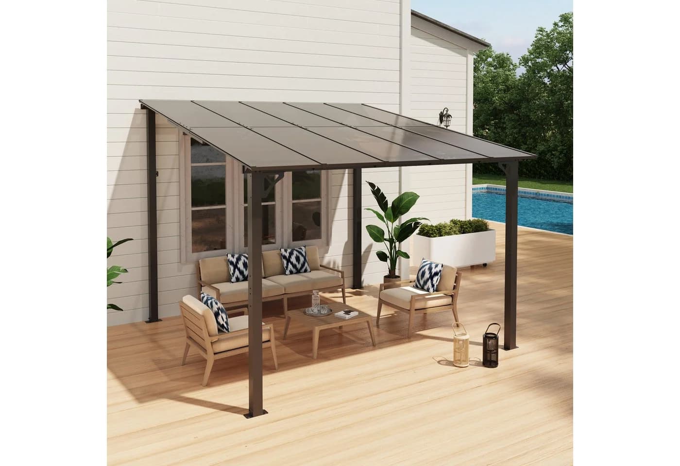JOIVI Pergola 3x3m Terrassenüberdachung Schwarz/Braun PE-Platte Stahlrahmen - Bild 3