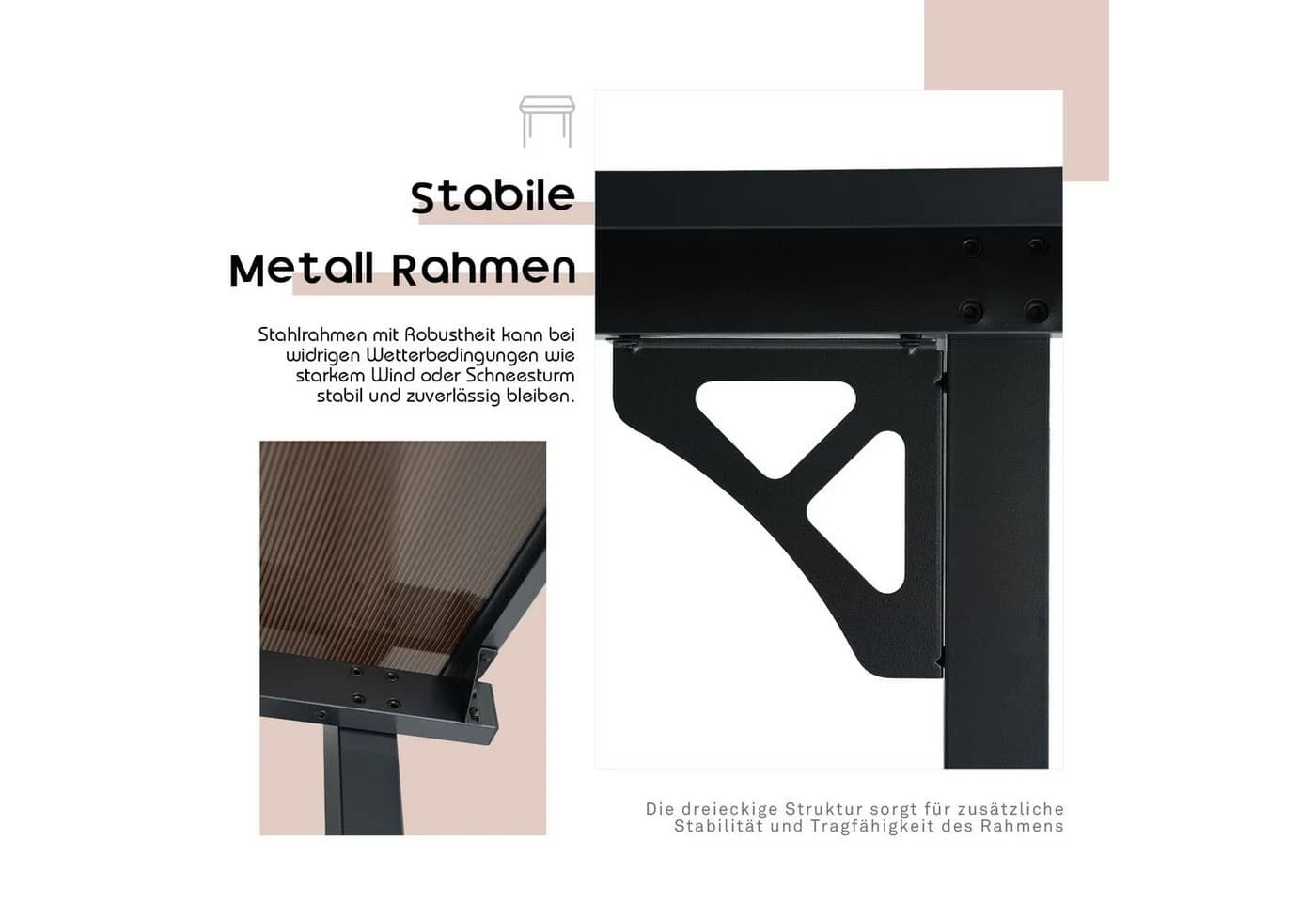 JOIVI Pergola 3x3m Terrassenüberdachung Schwarz/Braun PE-Platte Stahlrahmen - Bild 5