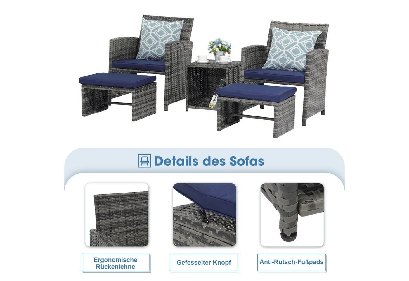 JOIVI Balkonset 5-tlg. Rattan Gartenmöbel-Set Blau - Bild 3