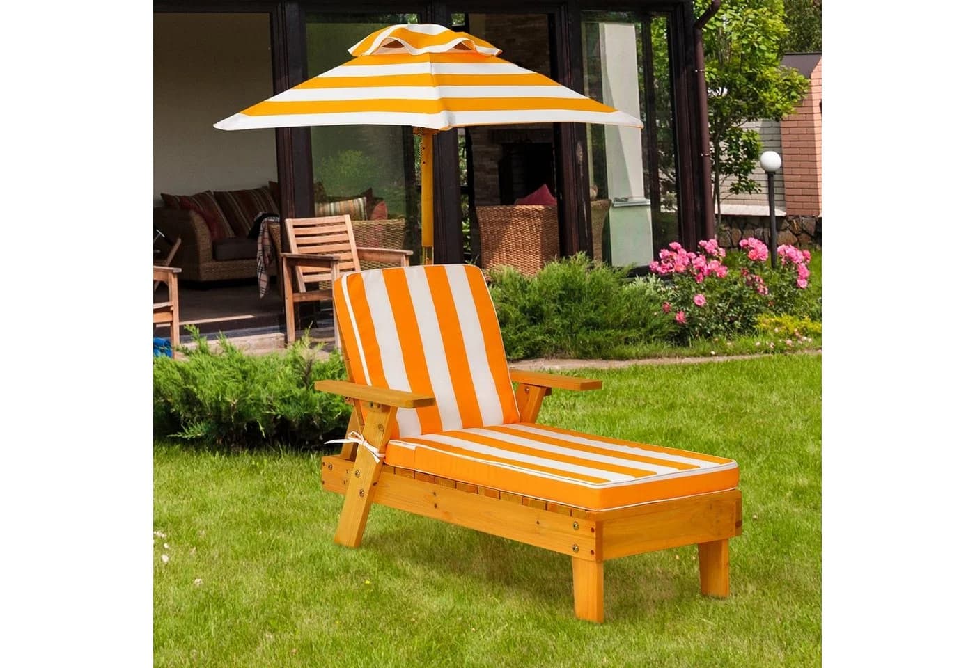 COSTWAY Gartenliege mit Sonnenschirm & Kissen für Kinder - Bild 3