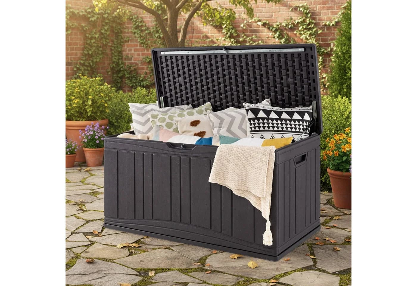 COSTWAY Auflagenbox 300L Gartenbox HDPE Braun