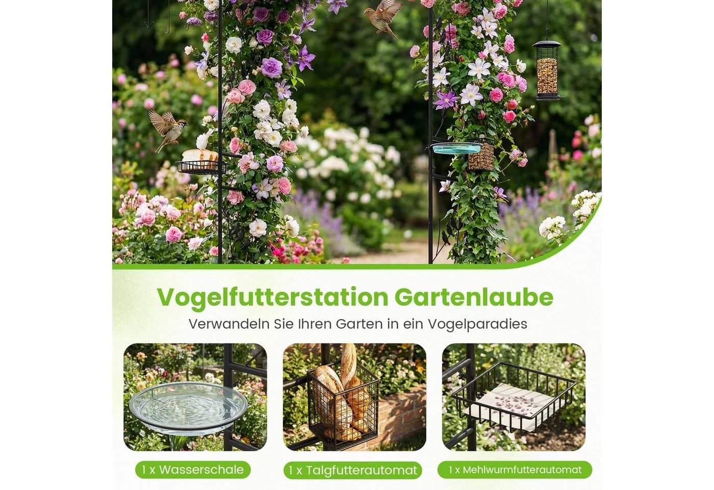 COSTWAY Rosenbogen Metall mit Vogelfutterstation Schwarz/Grün - Bild 4