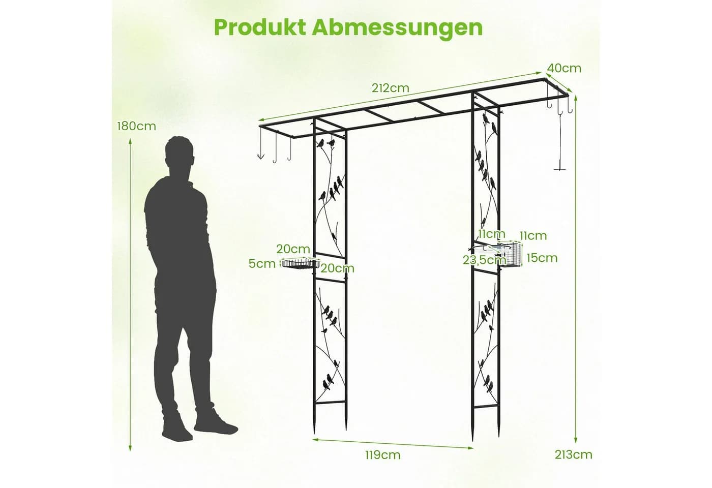 COSTWAY Rosenbogen Metall mit Vogelfutterstation Schwarz/Grün - Bild 5