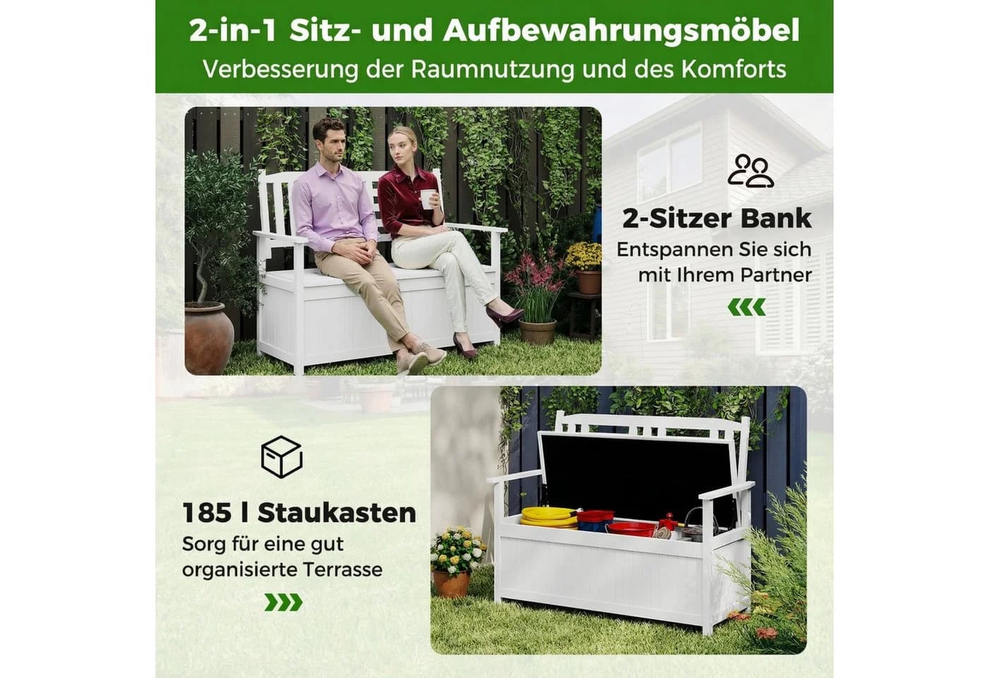 COSTWAY Gartenbank mit Stauraum 2-Sitzer Truhenbank Weiß