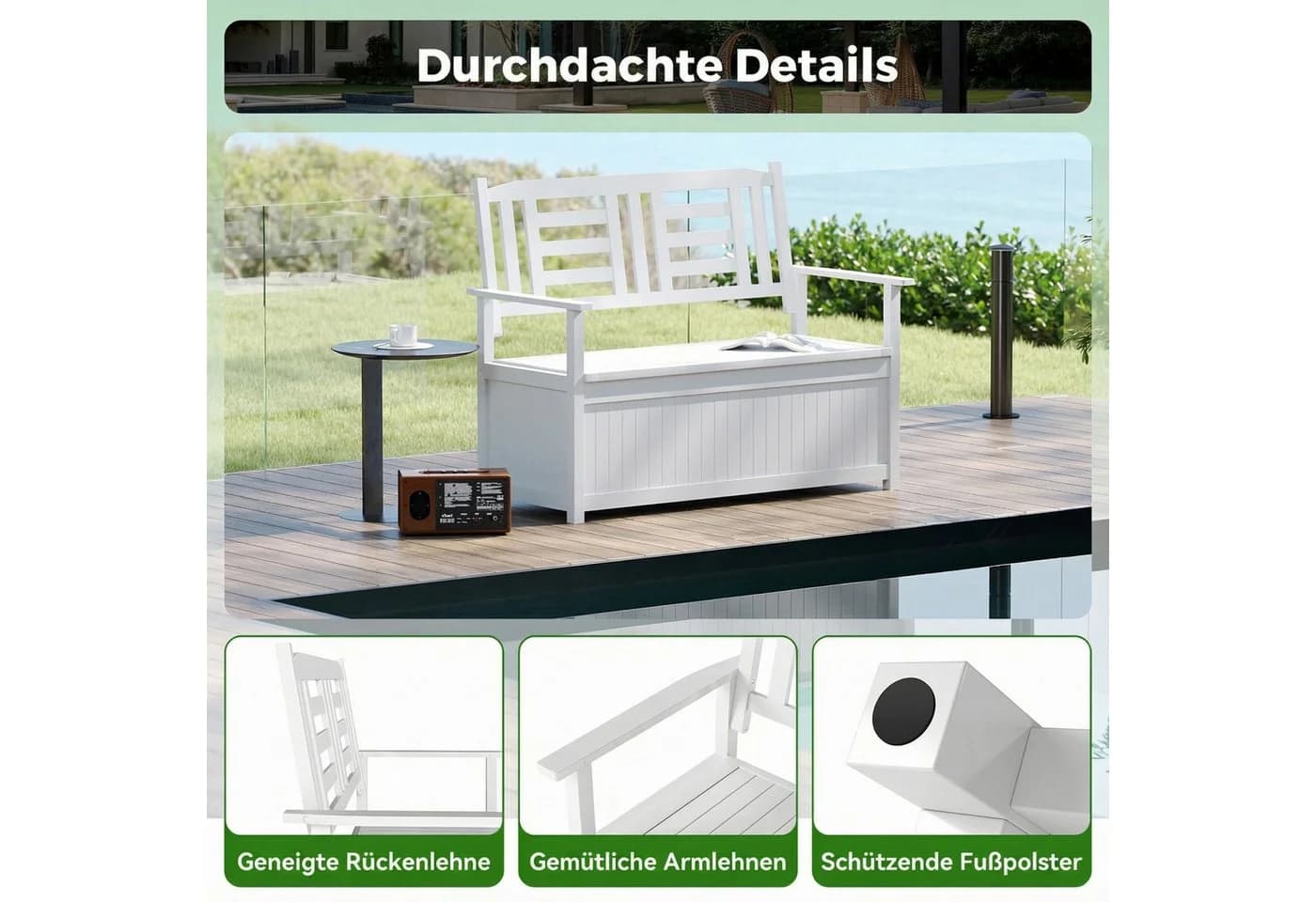 COSTWAY Gartenbank mit Stauraum 2-Sitzer Truhenbank Weiß - Bild 5