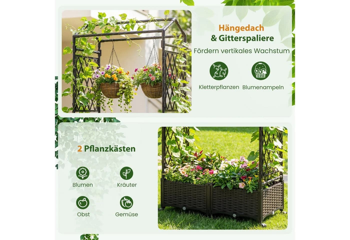 COSTWAY Blumenkasten 2in1 Rosenbogen mit Pflanzkästen Braun/Grau