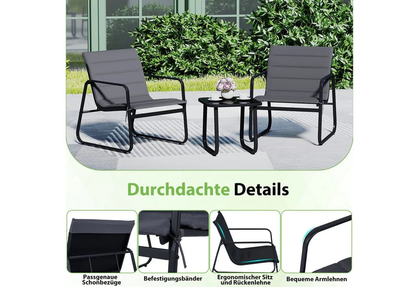 COSTWAY Balkonset 3-tlg. Bistro-Set 2 Schaukelstühle mit Kissen Tisch - Bild 5