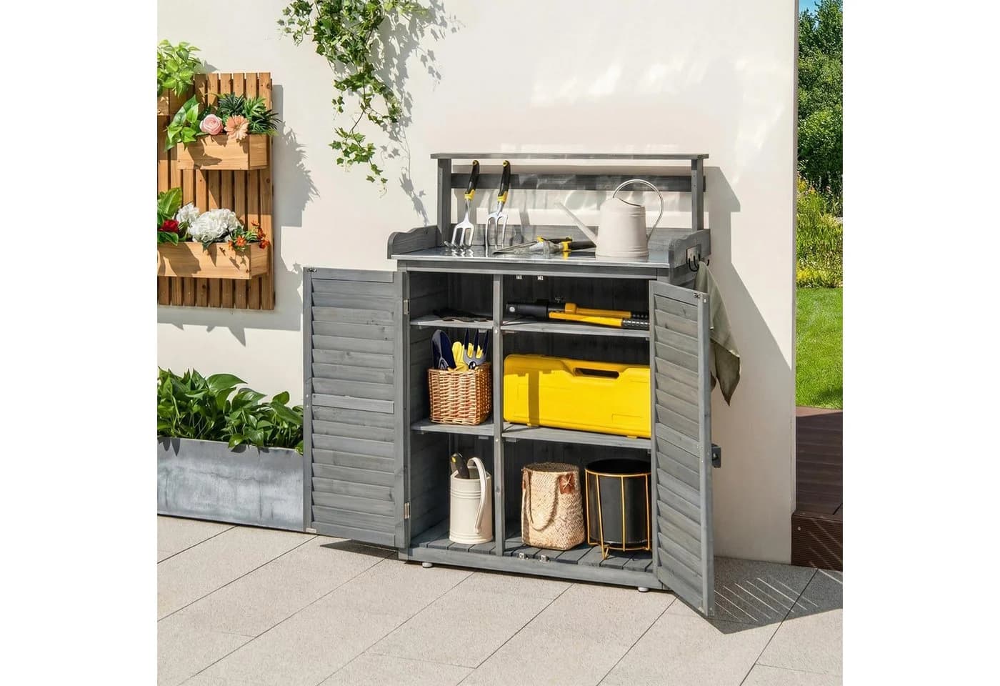 COSTWAY Pflanztisch Gartenbank mit Metallplatte