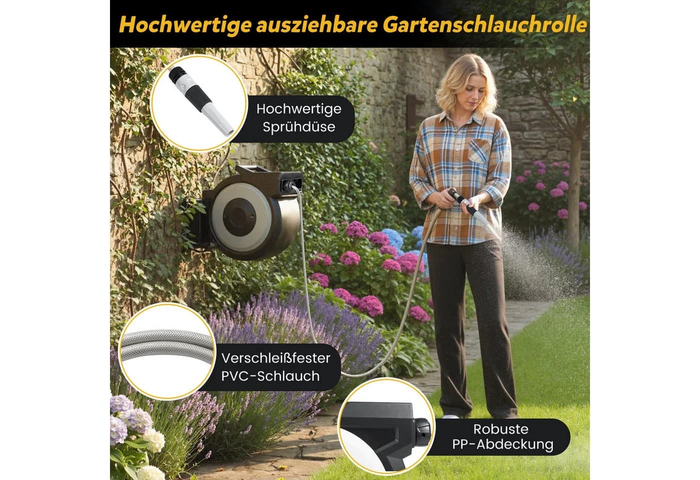 KOMFOTTEU Automatischer Schlauchaufroller Schwarz PVC 30+2m - Bild 4