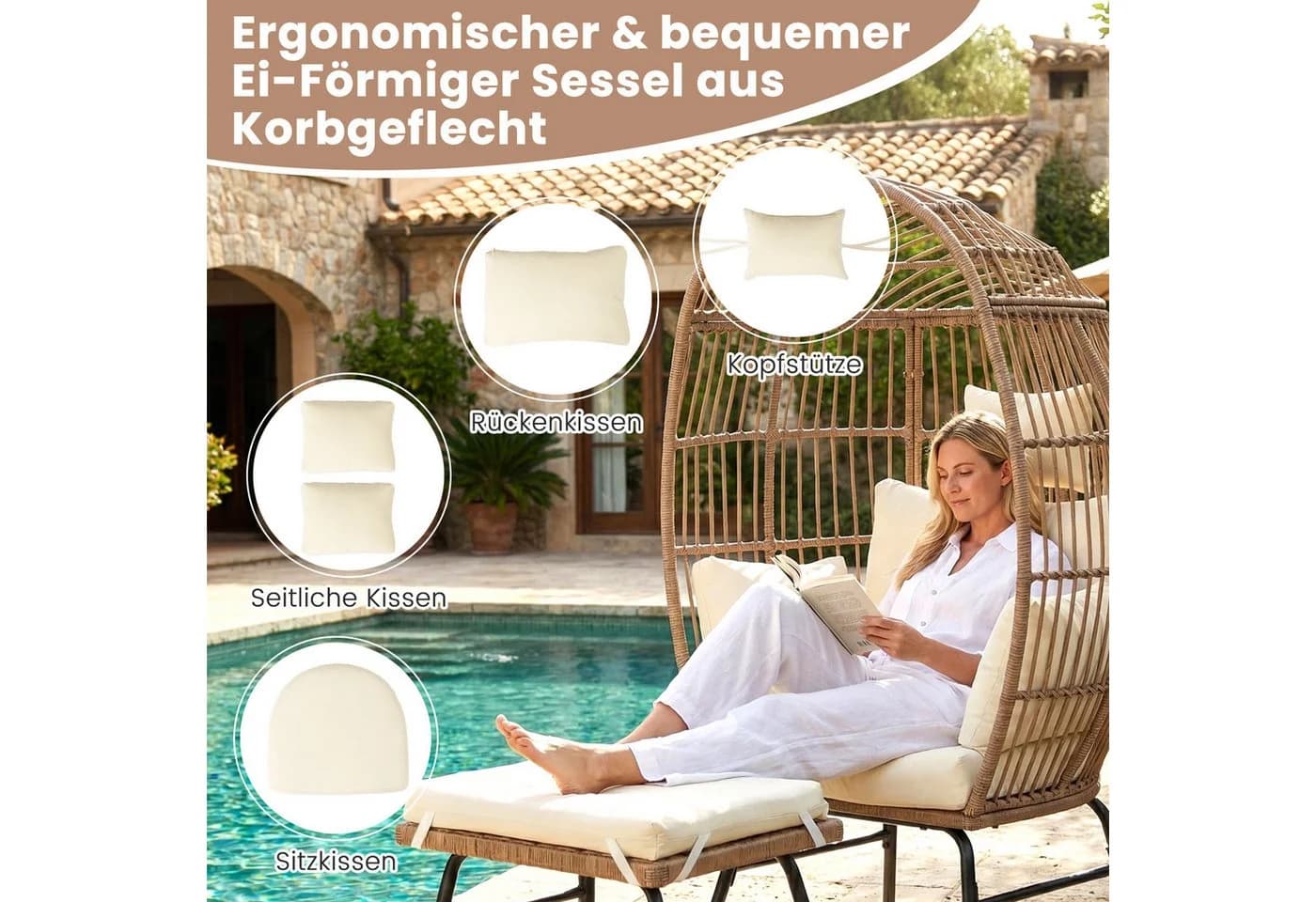 COSTWAY Rattan-Eierstuhl mit Fußhocker Beige
