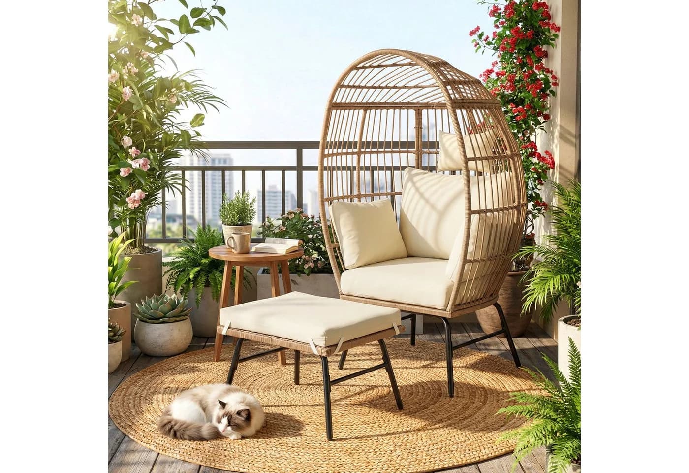 COSTWAY Rattan-Eierstuhl mit Fußhocker Beige - Bild 2