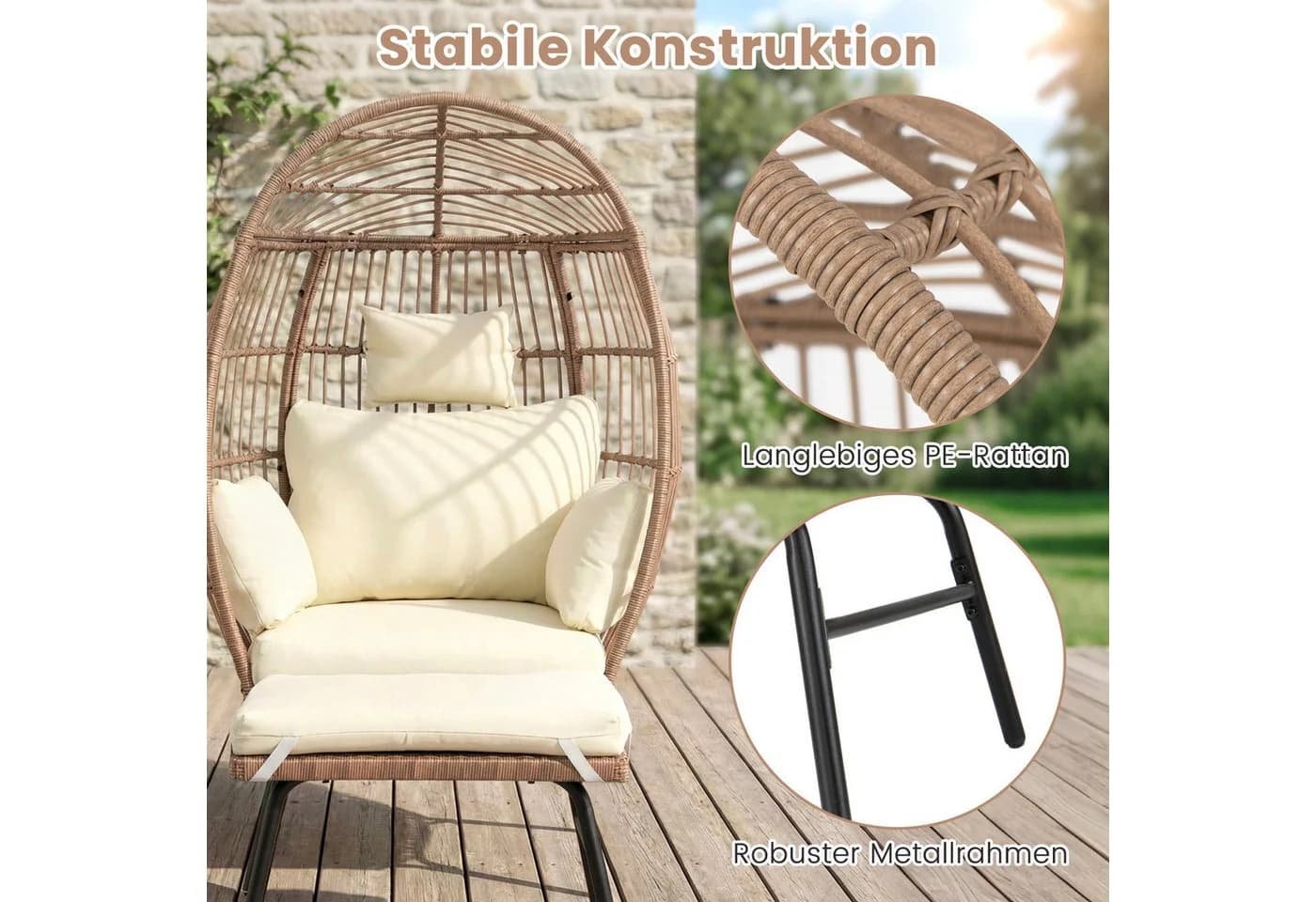 COSTWAY Rattan-Eierstuhl mit Fußhocker Beige - Bild 4