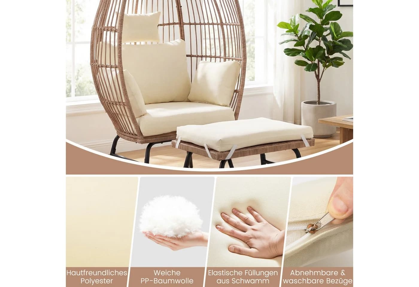 COSTWAY Rattan-Eierstuhl mit Fußhocker Beige - Bild 5