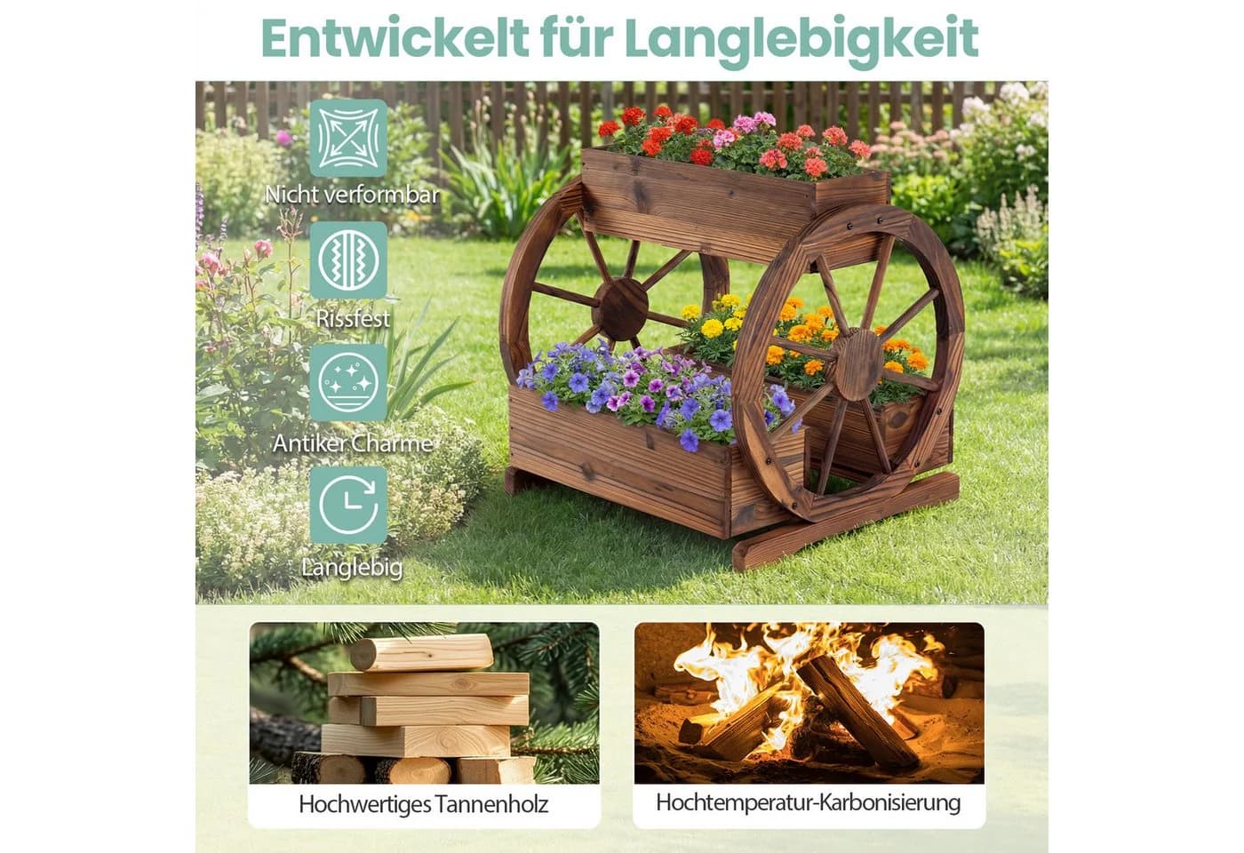COSTWAY Blumenkasten Pflanzwagen mit 3 Kästen und Rädern - Bild 3