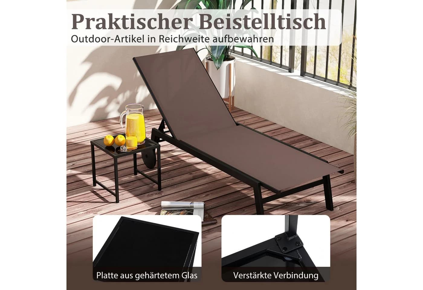 COSTWAY Gartenliege 2-tlg. mit Tisch, verstellbar, Rollen, Braun - Bild 4