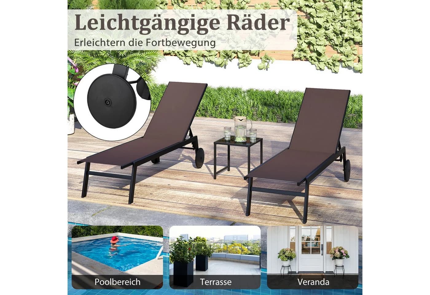 COSTWAY Gartenliege 2-tlg. mit Tisch, verstellbar, Rollen, Braun - Bild 5