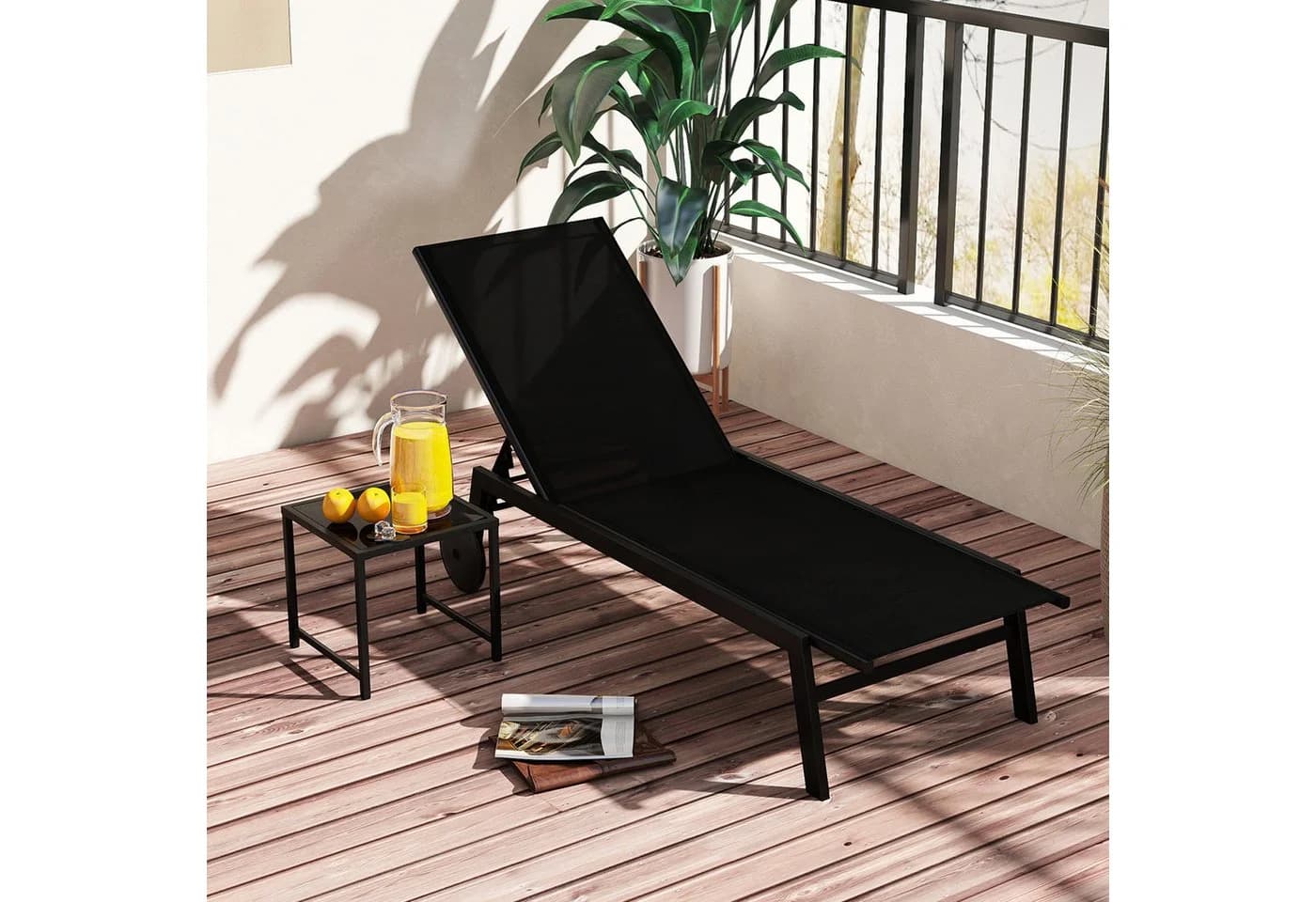 COSTWAY Gartenliege 2-teilig verstellbar mit Tisch und Rollen Schwarz - Bild 2