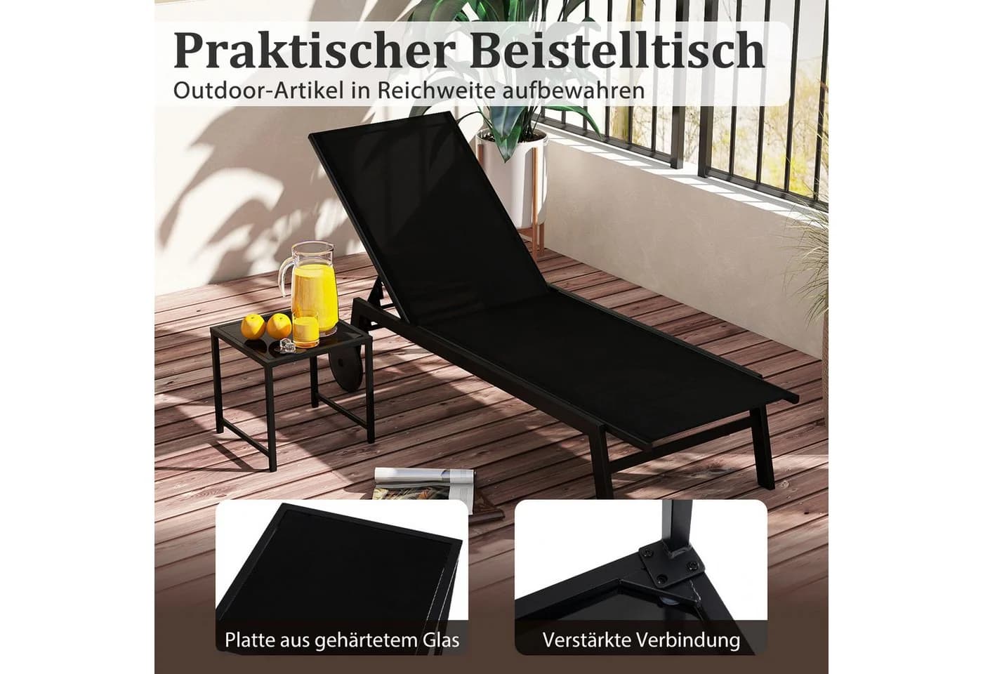 COSTWAY Gartenliege 2-teilig verstellbar mit Tisch und Rollen Schwarz - Bild 4