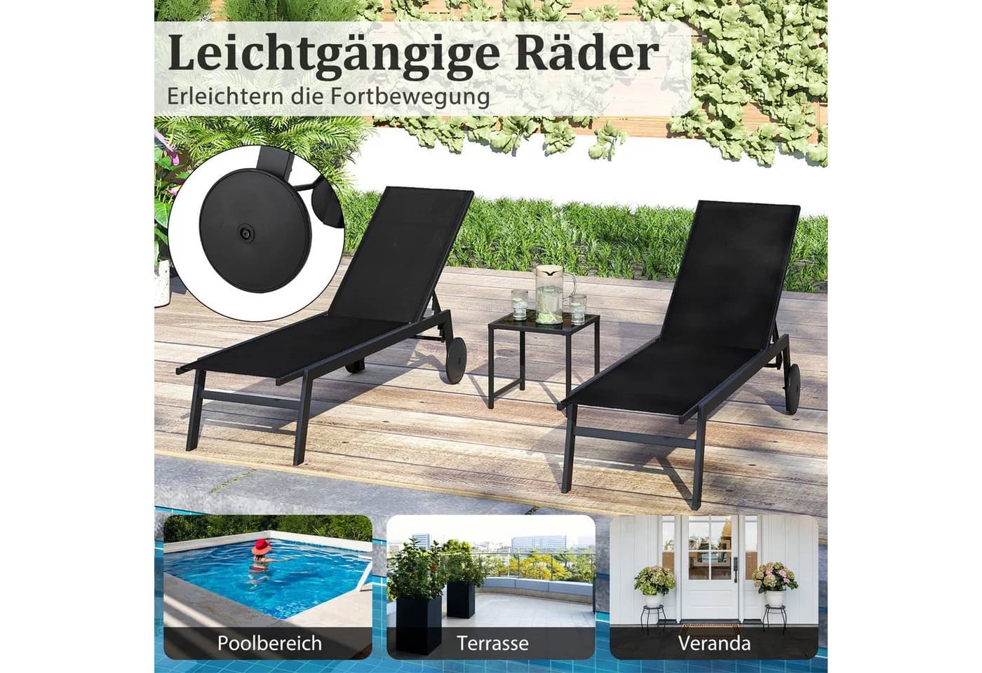COSTWAY Gartenliege 2-teilig verstellbar mit Tisch und Rollen Schwarz - Bild 5