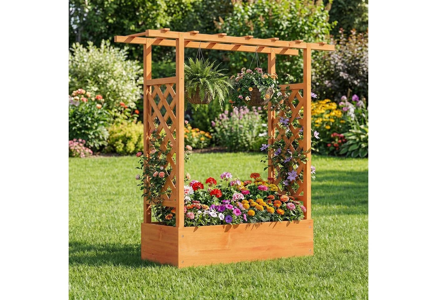 COSTWAY Blumenkasten mit Rankgitter Hochbeet für Kletterpflanzen Sichtschutz