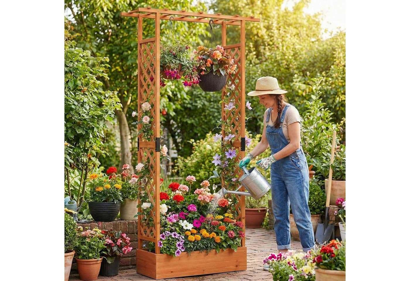 COSTWAY Blumenkasten mit Rankgitter Hochbeet Fichtenholz Orange