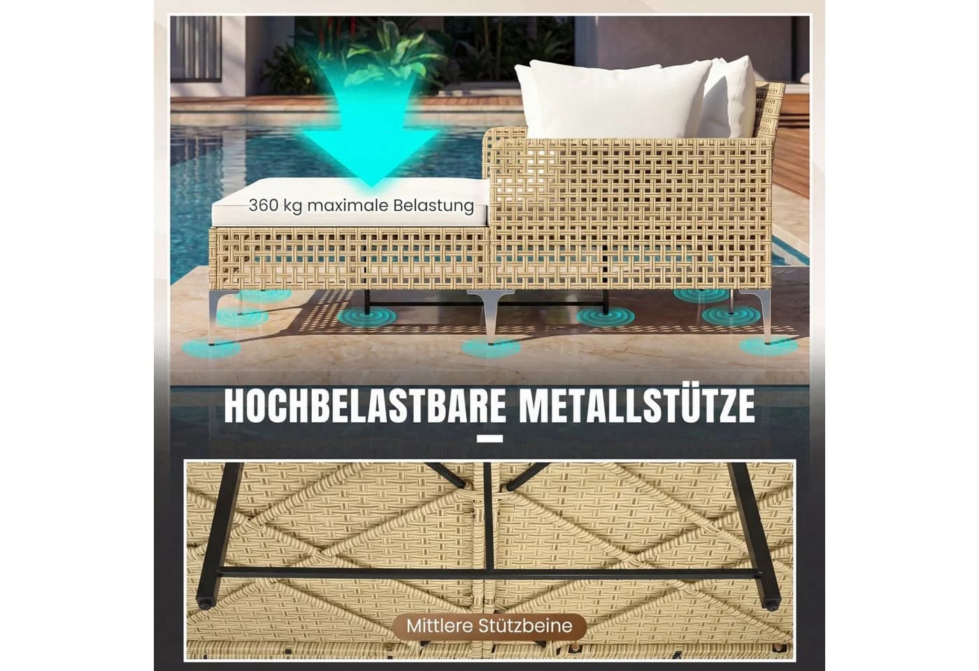 COSTWAY Loungebett Outdoor Sonnenliege 2 Personen Rattan Beige - Bild 4