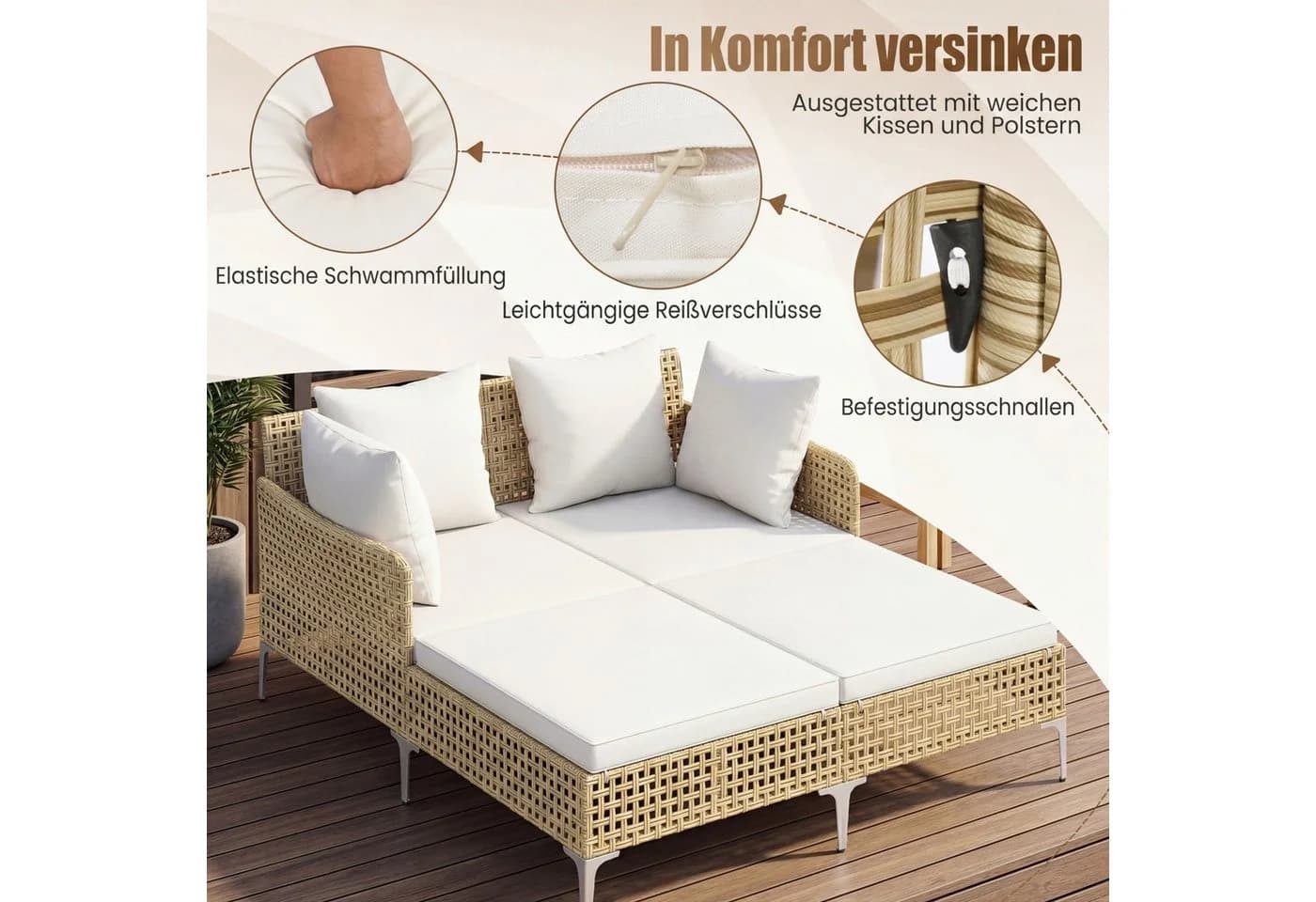 COSTWAY Loungebett Outdoor Sonnenliege 2 Personen Rattan Beige - Bild 5
