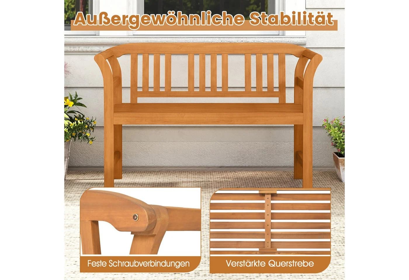 COSTWAY Gartenbank Akazienholz 2-Sitzer wetterfest mit Armlehnen - Bild 4