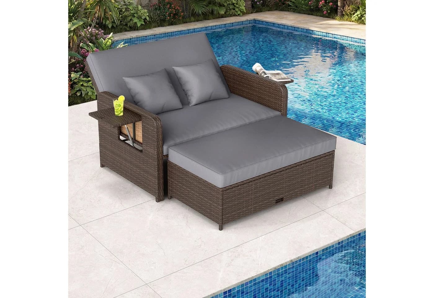 COSTWAY Loungebett Rattan 2-Personen 3 in 1