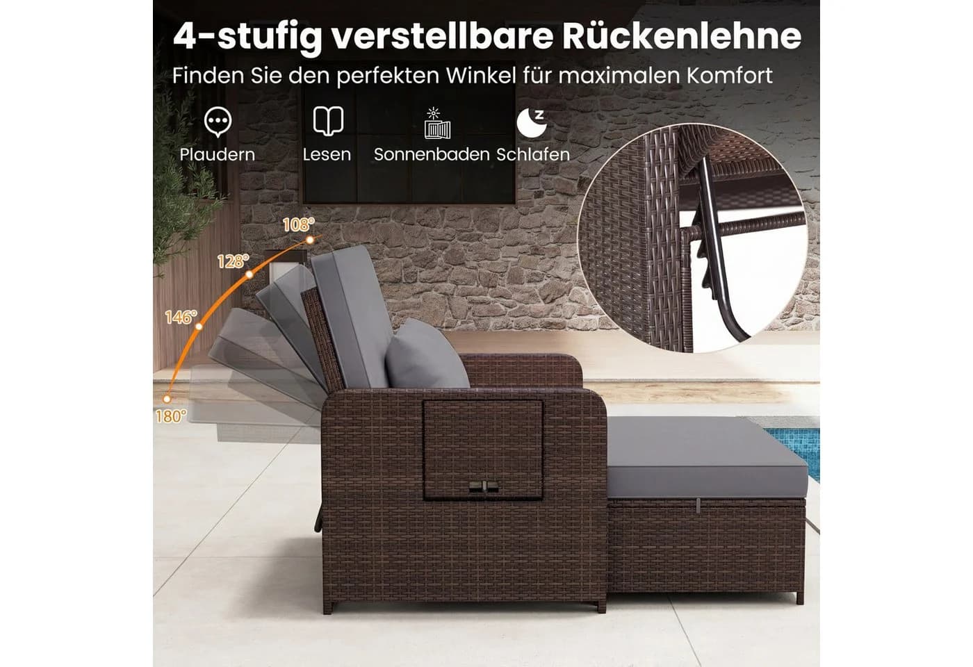 COSTWAY Loungebett Rattan 2-Personen 3 in 1 - Bild 3