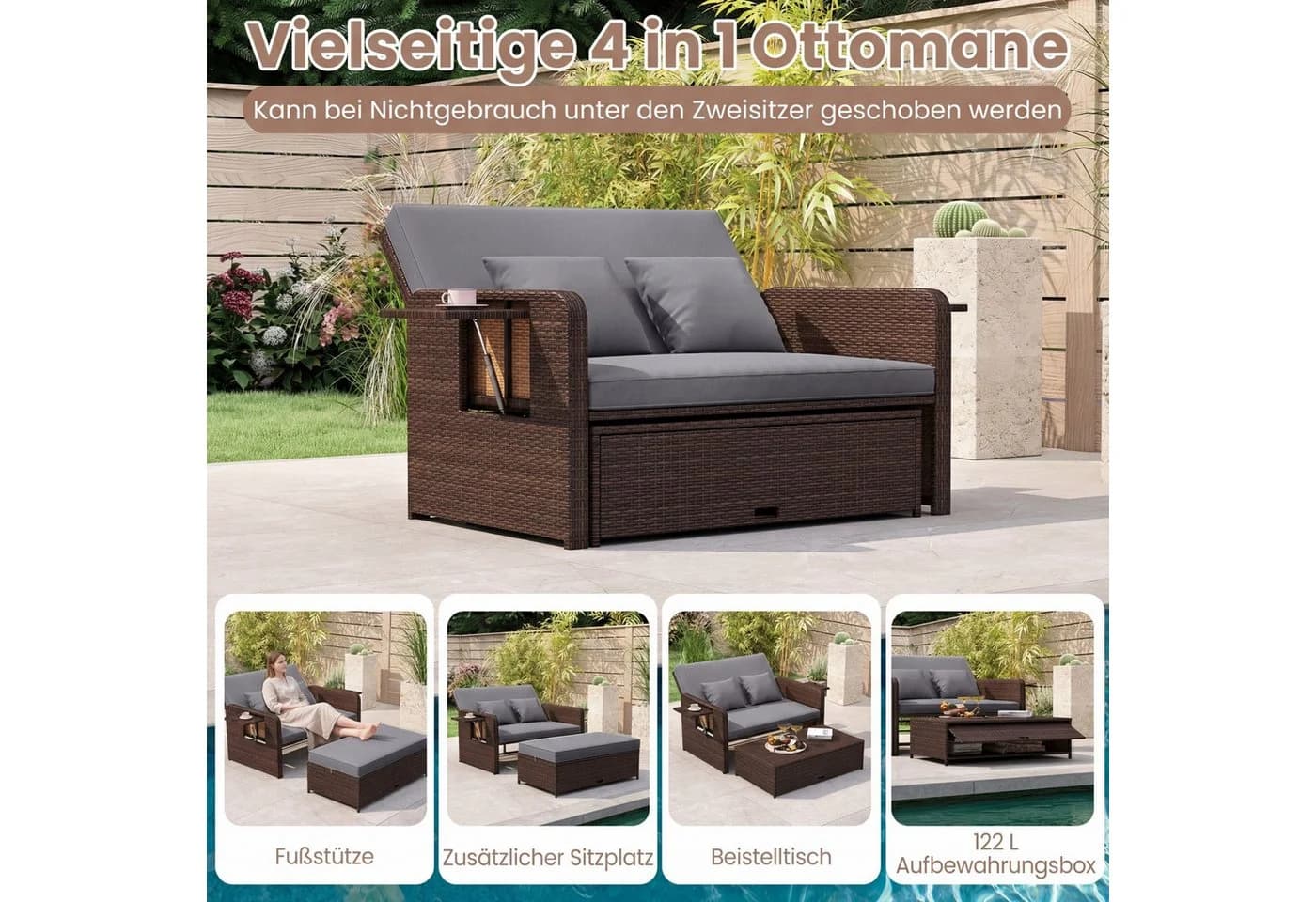COSTWAY Loungebett Rattan 2-Personen 3 in 1 - Bild 4