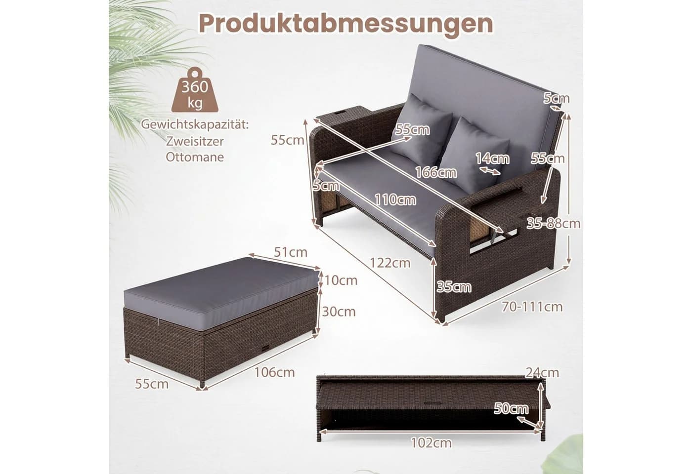 COSTWAY Loungebett Rattan 2-Personen 3 in 1 - Bild 5