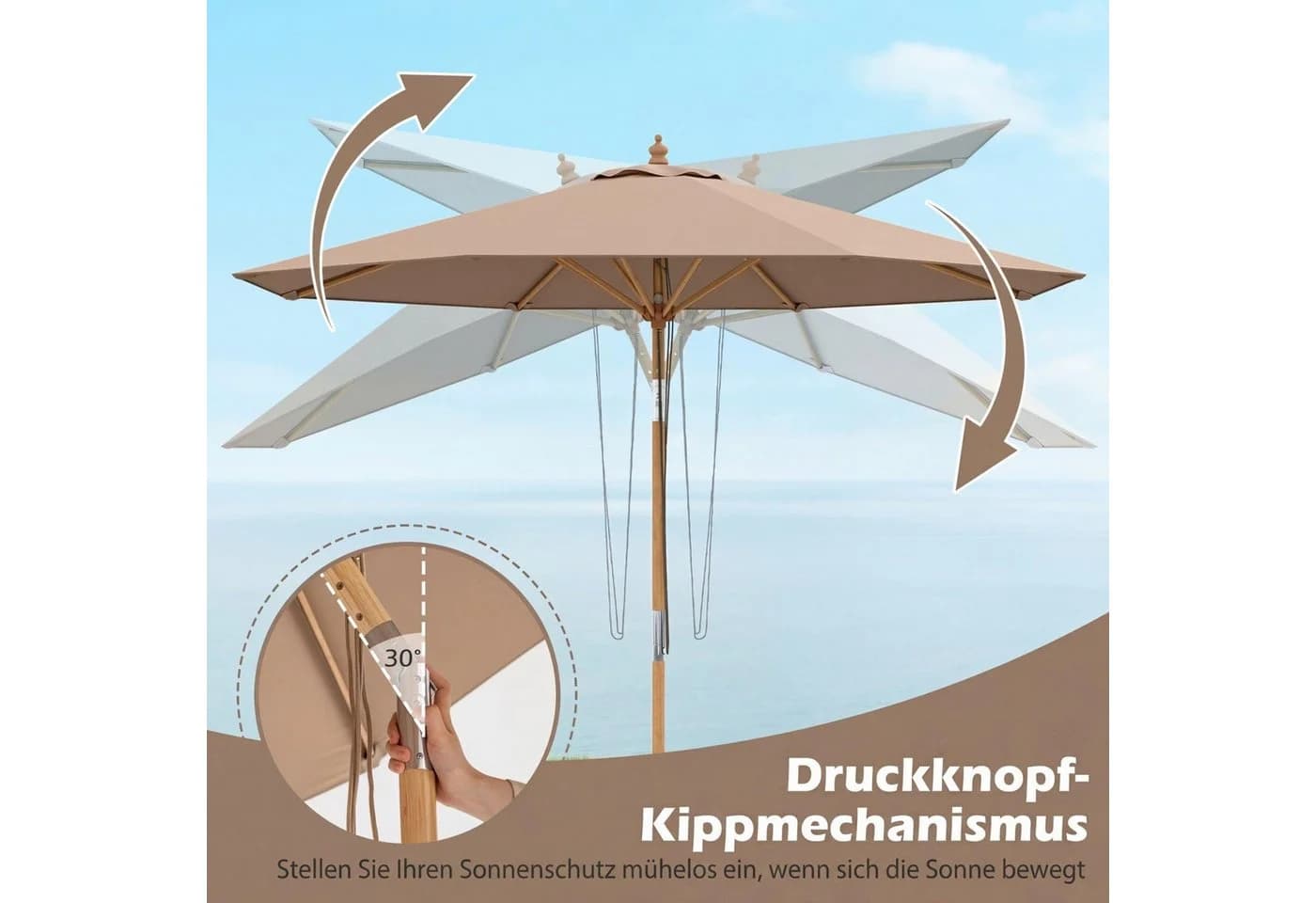 COSTWAY Sonnenschirm Ø 270cm Gartenschirm Braun Bambus - Bild 3