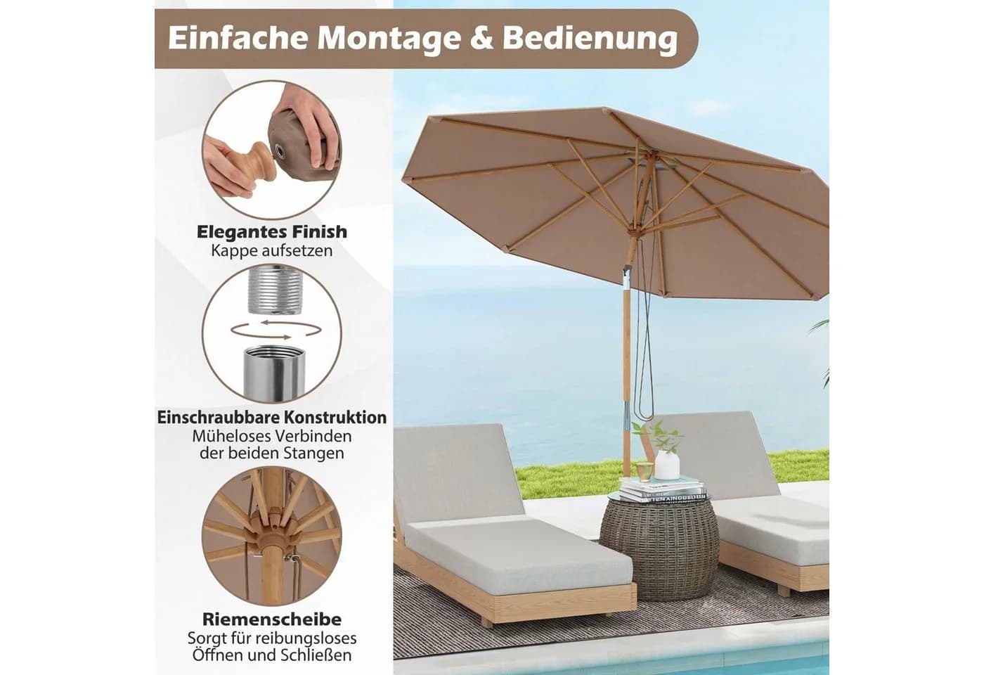COSTWAY Sonnenschirm Ø 270cm Gartenschirm Braun Bambus - Bild 5