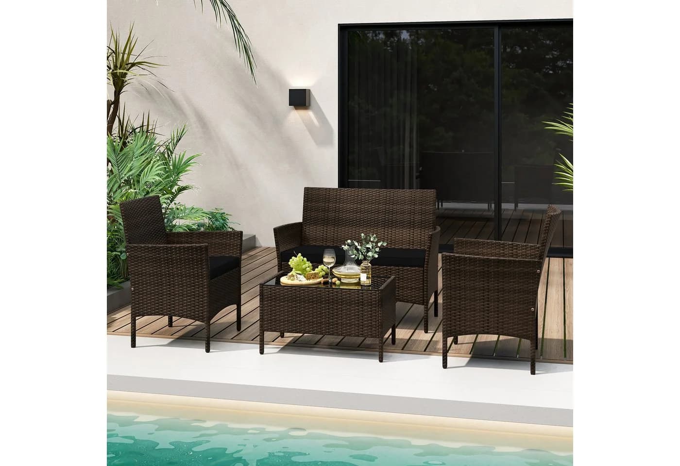 COSTWAY Balkonset 4-tlg. Rattan mit Zweisitzer, 2 Stühlen, Tisch & Kissen
