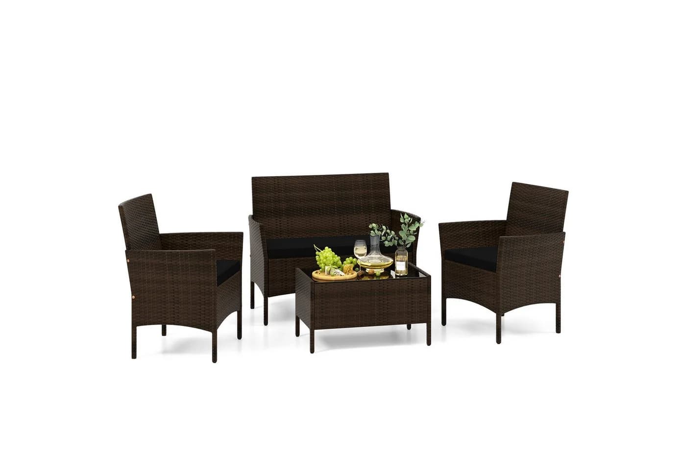 COSTWAY Balkonset 4-tlg. Rattan mit Zweisitzer, 2 Stühlen, Tisch & Kissen - Bild 2