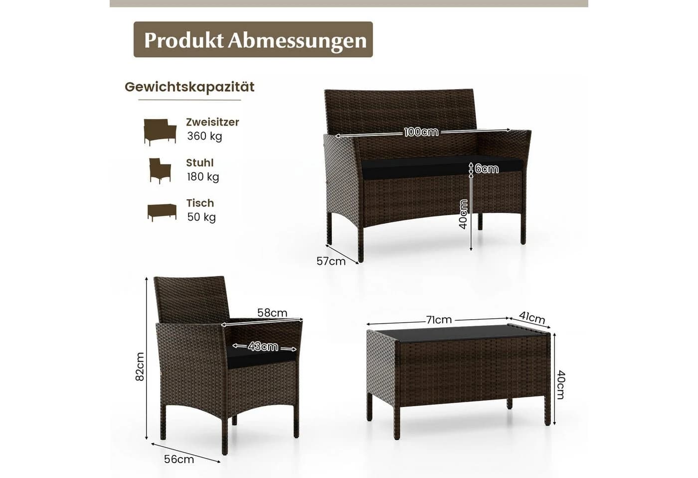COSTWAY Balkonset 4-tlg. Rattan mit Zweisitzer, 2 Stühlen, Tisch & Kissen - Bild 3