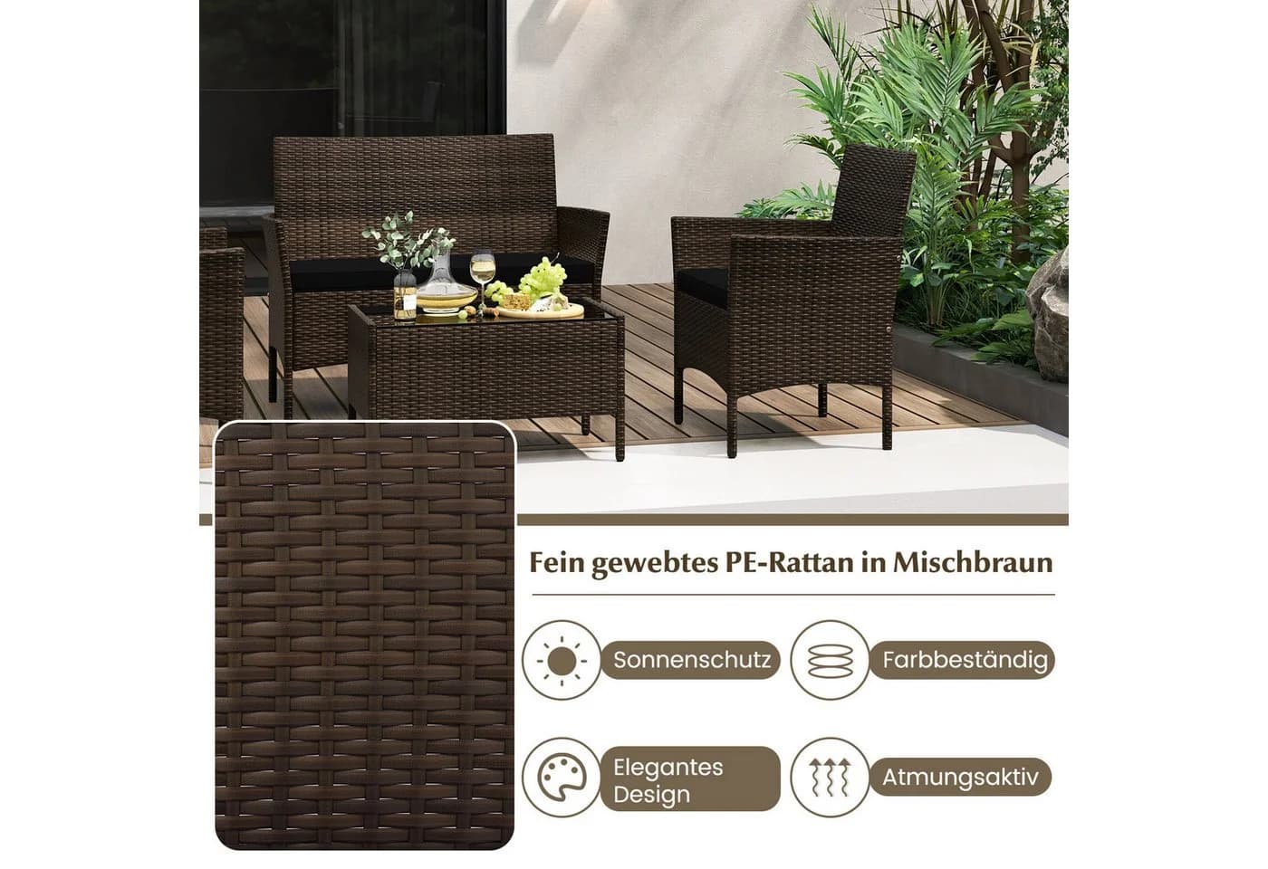 COSTWAY Balkonset 4-tlg. Rattan mit Zweisitzer, 2 Stühlen, Tisch & Kissen - Bild 5