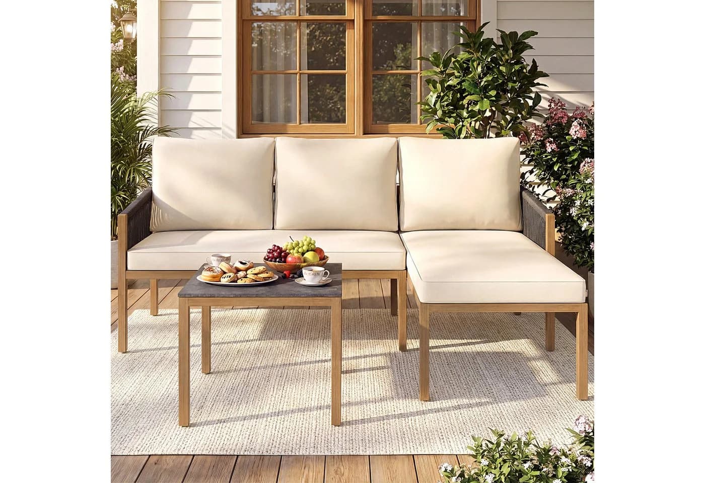 COSTWAY Gartenlounge-Set 3-tlg. Beige Rattan mit Kunstmarmor Tisch